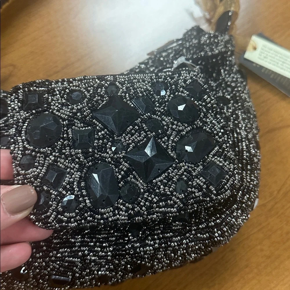 From India to you Black and silver beaded and glass stone shoulder bag and pouch - Picture 3 of 7